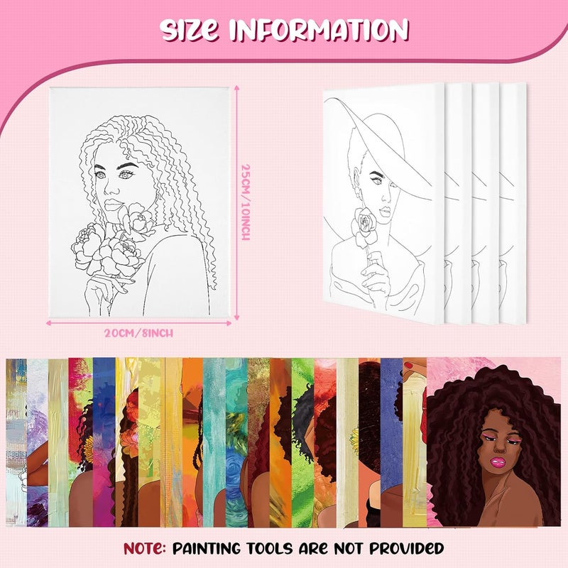 Sherr 20 Pcs Stretched Pre Drawn Canvas Afro Queen Black Art for Painting for Adults Outline Pre Drawn Stretched Cotton Canvas to Paint Party Set, 8 x 10''(Stylish) - Image 2